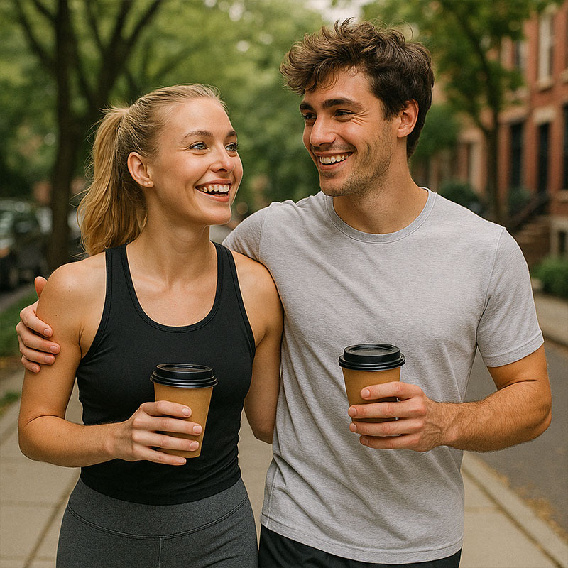 attractive couple walking down the road with takeaway coffee cups